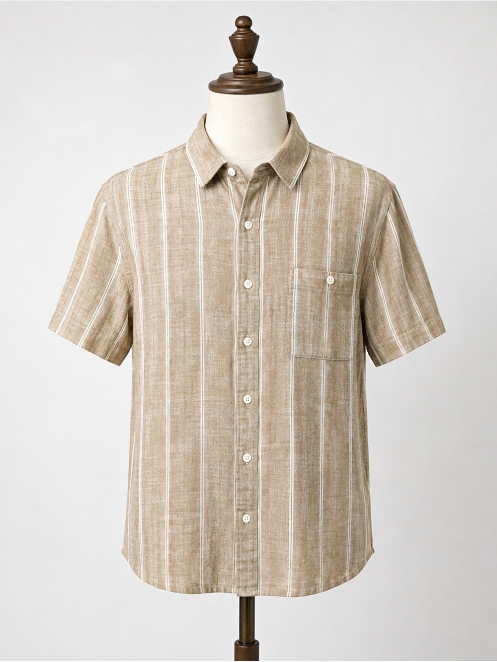 American Eagle Men's Button-Up Short Sleeve Shirt 100% Cotton- Tan Stripe XL